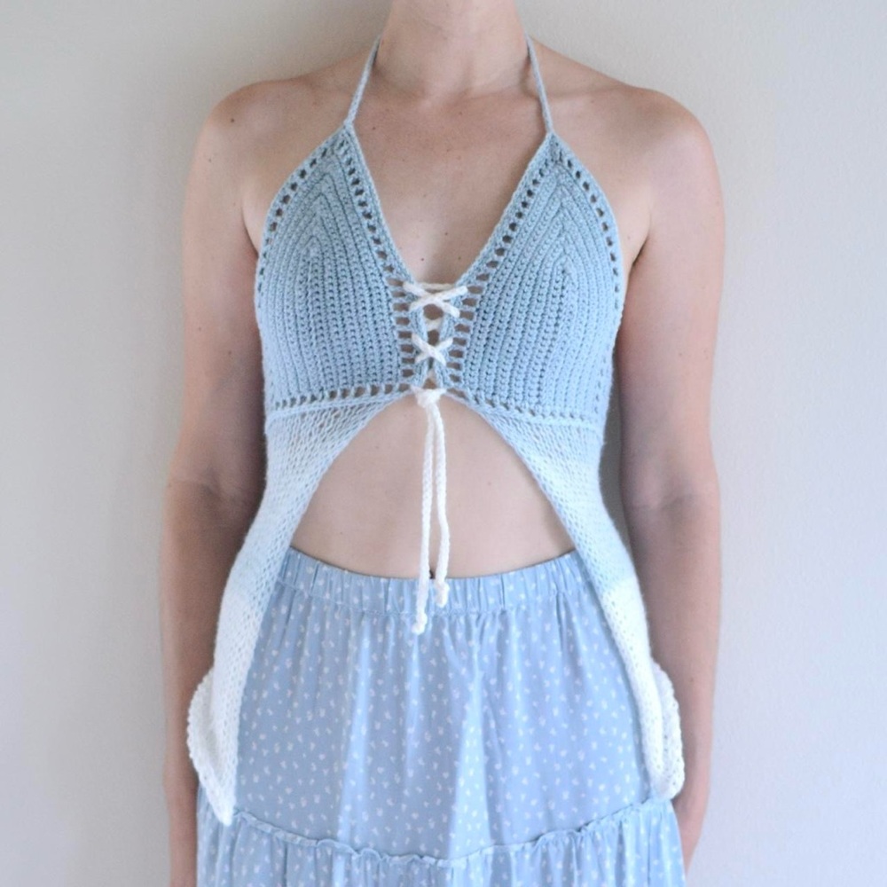 Handmade Knit and Crochet Halter Top Blue White S
